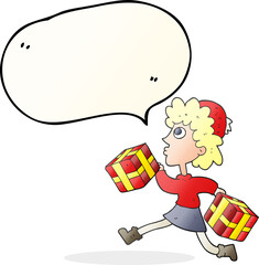 speech bubble cartoon running woman with presents