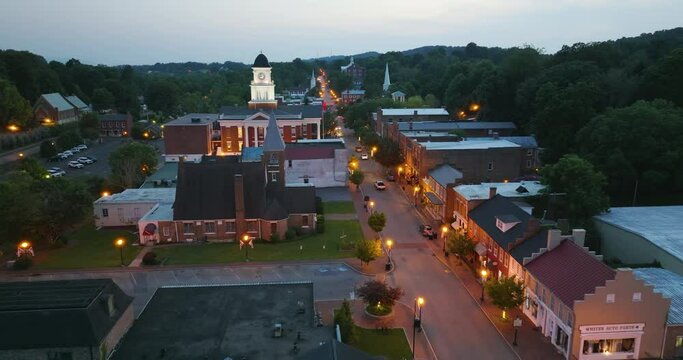 Historic small town of Jonesborough in Tennessee. Illuminated Main Street with old American architecture at night