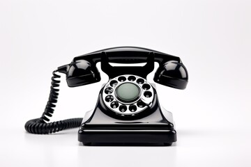 a black telephone with a round dial