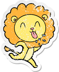 distressed sticker of a happy cartoon lion
