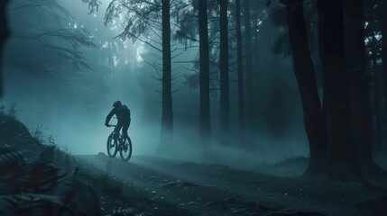 athlete mountain biker rides a bicycle along a forest trail. in forest mist, mysterious view