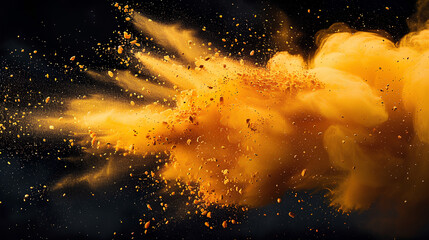 Vibrant yellow powder explosion on a dramatic black backdrop. Perfect for dynamic and energetic visual concepts