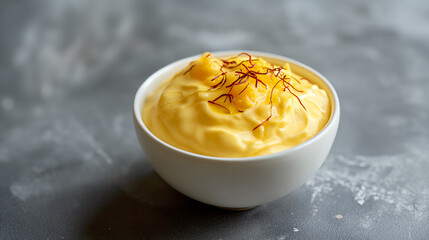 A white bowl of creamy mango shrikhand garnished with saffron threads on a canvas background