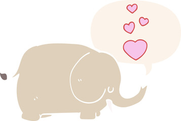 cute cartoon elephant and love hearts and speech bubble in retro style