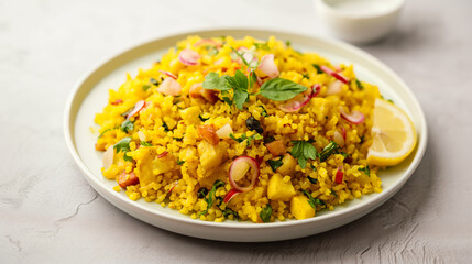A plate of Aloo Poha garnished with curry leaves, chopped onions, and a lemon slice on a light grey background