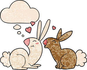 cartoon rabbits in love and thought bubble in grunge texture pattern style