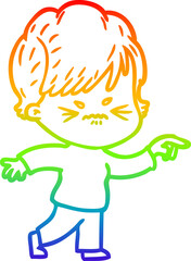 rainbow gradient line drawing cartoon frustrated woman