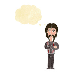cartoon long mustache man with folded arms with thought bubble