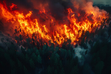 A bird's-eye view captures the intense wildfire spreading through a dense forest