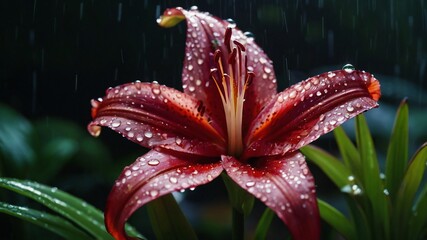 Obraz premium Dew-Kissed Red Lilies: Close-Up Shots Capturing Nature's Elegance with Soft Blur Background