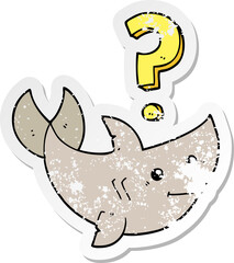 distressed sticker of a cartoon shark asking question