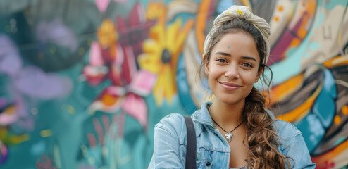 Smiling Young Woman in Front of Colorful Graffiti Wall at a Street Arts Festival, Casual and Cheerful - obrazy, fototapety, plakaty