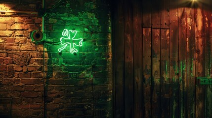 Neon green color sign on an old rustic wall low light with copy space 