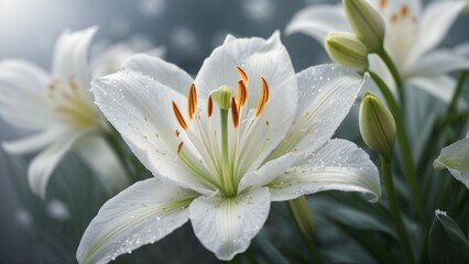 White Lily Flowers Close-Up Shot with Snow and Gentle Blurred Backdrop: