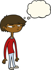 cartoon suspicious boy with thought bubble