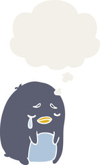 cartoon crying penguin and thought bubble in retro style
