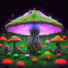 Hallucinogenic Sorcery Mushrooms. Sparkling Brilliant Neon Lights at the Woods