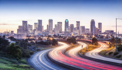 Fototapeta na wymiar A long exposure shot of the Dallas skyline at dusk with light trails from cars on the highway in the foreground
