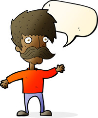 cartoon man with mustache waving with speech bubble