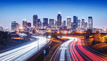 A long exposure shot of the Atlanta skyline at night with light trails from the cars on the highway in the foreground