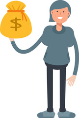 Woman Character Holding Dollar Sack
