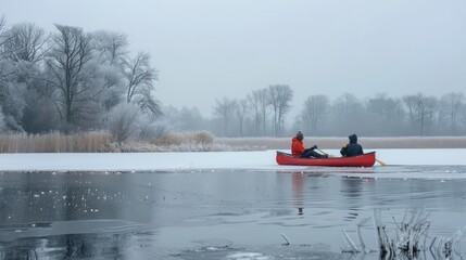 Fototapeta premium Aerial View of Canoe on Frozen Winter River 