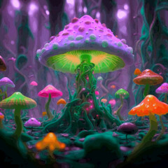 Fototapeta na wymiar Hallucinogenic Sorcery Mushrooms. Sparkling Brilliant Neon Lights at the Woods