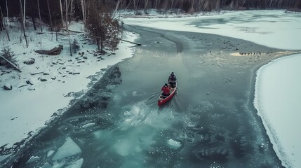Fototapeta premium Aerial View of Canoe on Frozen Winter River 