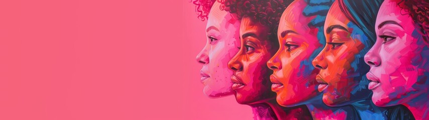 Happy international women's day concept, 8th March 2024 greeting card - Painting silhouette of beautiful black african women in their diversity, isolated on pink background banner panorama