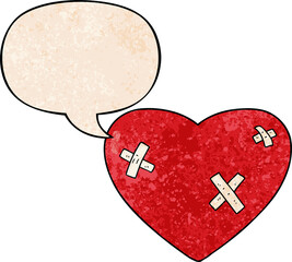 cartoon beaten up heart and speech bubble in retro texture style