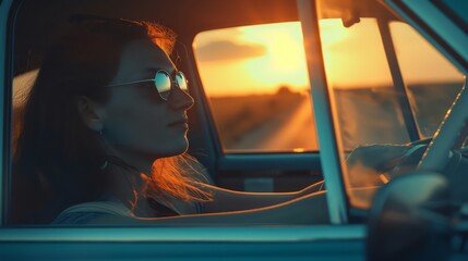 Car travel driving road trip of woman on a summer vacation in blue car at sunset, relaxation atmosphere