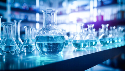 Scientific research and development in a modern laboratory Rows of various laboratory glassware with blue liquids on a lab table