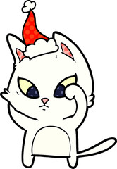 confused comic book style illustration of a cat wearing santa hat