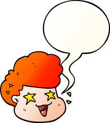 cartoon excited boy and speech bubble in smooth gradient style