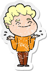 distressed sticker of a cartoon friendly man