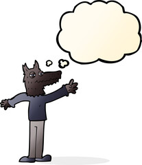 cartoon waving wolf with thought bubble
