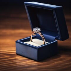 Wedding ring in a blue box on a wooden table. Wedding content with Copy Space.