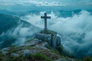 View of religious cross on top of mountain with sky and clouds. Generative Ai