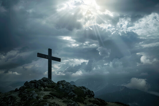 View of religious cross on top of mountain with sky and clouds. Generative Ai