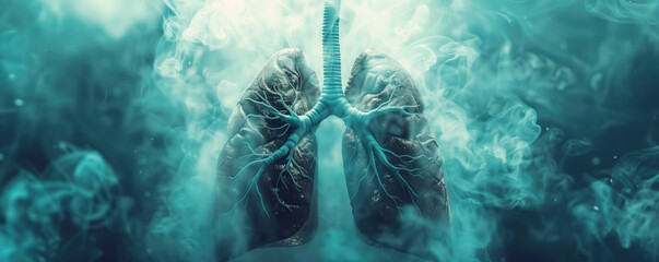 Abstract background with black lungs of a smoker. Illness and healthy lifestyle concept. - obrazy, fototapety, plakaty
