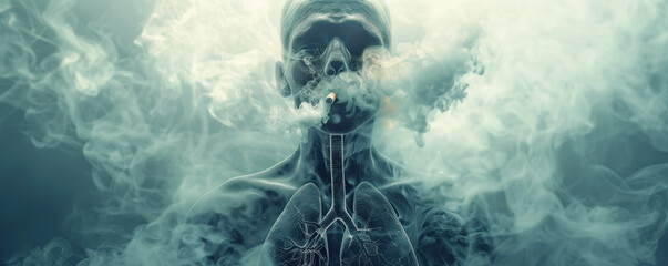 Abstract background with skeleton of smoker with cigarette. Concept of bad habits and healthy lifestyle. - obrazy, fototapety, plakaty