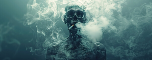 Abstract background with skeleton of smoker with cigarette. Concept of bad habits and healthy lifestyle. - obrazy, fototapety, plakaty
