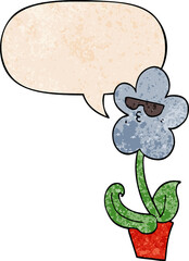 cool cartoon flower and speech bubble in retro texture style