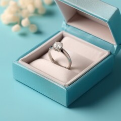 Wedding ring in a blue box on a blue background. Wedding content with Copy Space.