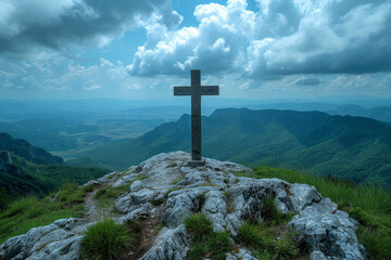 View of religious cross on top of mountain with sky and clouds. Generative Ai - obrazy, fototapety, plakaty