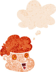 cartoon boy's face and thought bubble in retro textured style