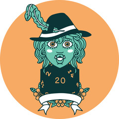 half orc bard with natural 20 dice roll icon