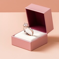 Wedding ring in a gift box on a pink background. Wedding content with Copy Space.