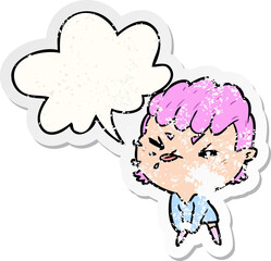 cute cartoon rude girl and speech bubble distressed sticker