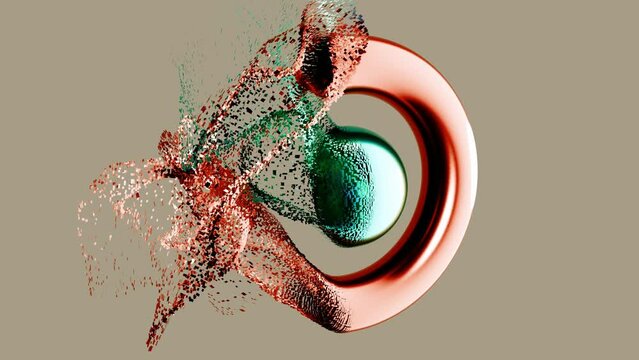 3d animation. Fantastic peach torus and cyan sphere in the center on beige background disappear. Fantastic background